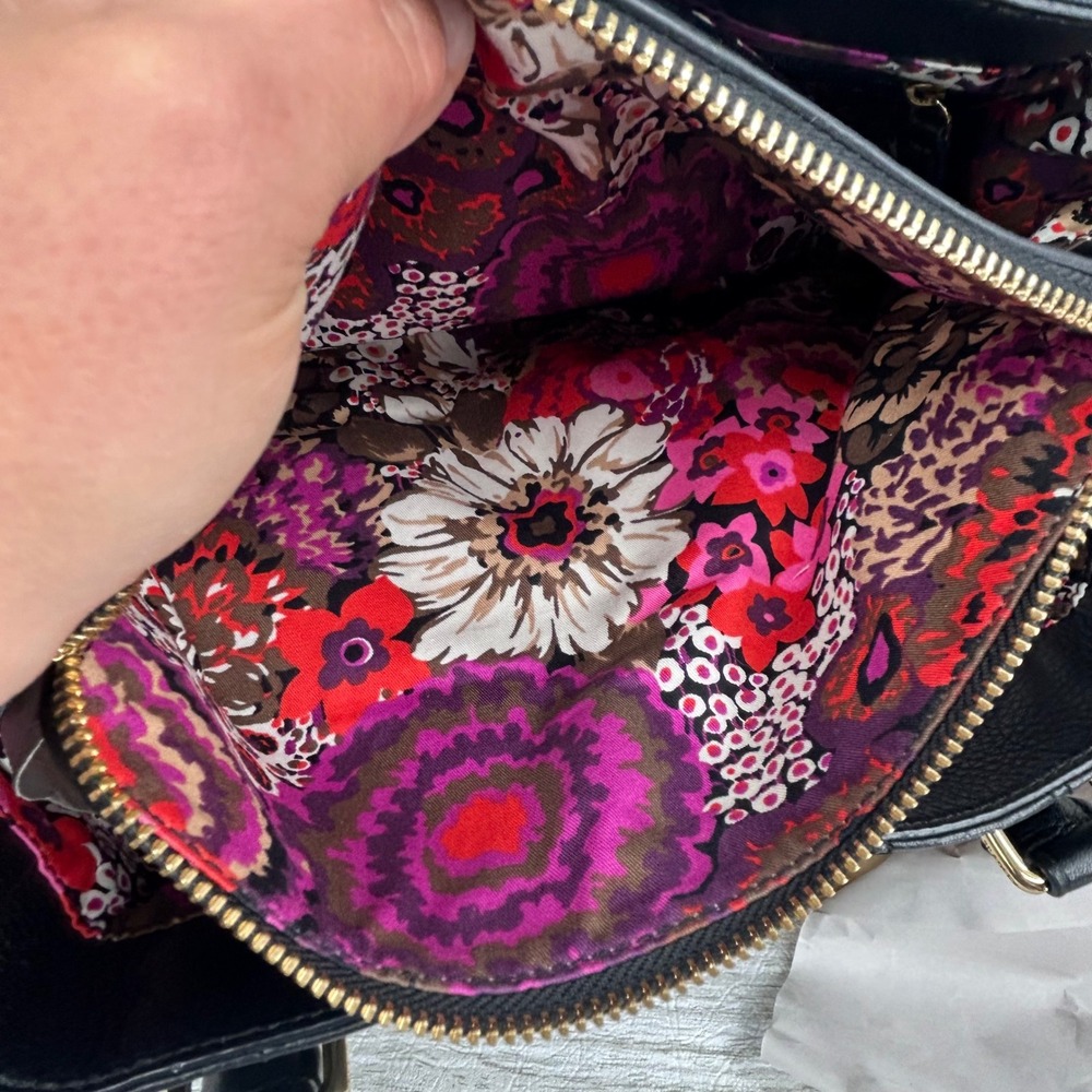 Vera Bradley Black Quilted Emma Leather Satchel Crossbody Bag Floral - Picture 9 of 10